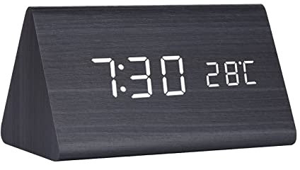 GINZER LED Digital Wood Alarm Clock, Bedside Silent Wooden Clock with Multiple Alarm and 5 Level Brightness, Big White Digit Display, Snooze, Triangular Prism, Mains Powered or Battery Operated, Black