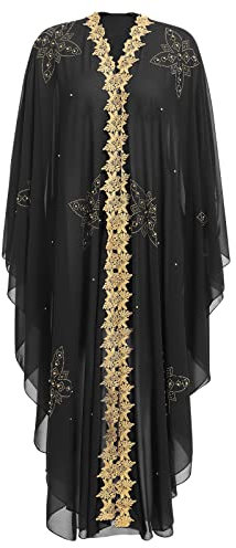 IWEMEK Women Open Front Loose Fit Batwing Long Sleeve Abaya Dubai Kaftan Turkish Muslim Hijab Dress Cardigan Chiffon Hooded African Evening Dresses Hot Drilling Maxi Kimono Robe Black 01 One Size