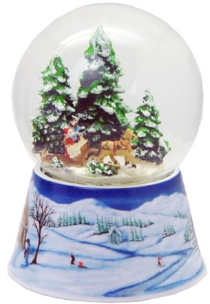 Minium Collection 20111 Schneekugel Christbaum Holen Schlittenfahrt auf Sockel Winterlandschaft Mittelblau Spieluhr Winter Wonderland Durchmesser 100mm