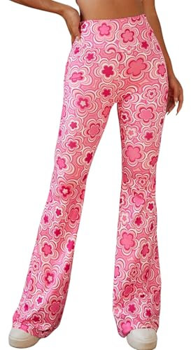 EVELUST 70s Flare Pants for Women - Fancy Dress Costume Adult Rave Festival Outfits Wide Leg Leggings High Waist Hippie Bell Bottom Disco Costume Yoga Trousers (Pink, XS, 1050w)