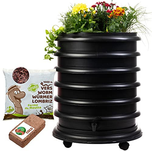 WORMbox | Lombricomposteur 4 Plateaux Noir + Jardinière + 1kg de vers de Compost + 1 Bloc Coco | 64 litres | Compostez Vos déchets organiques, lombrics/lombricompost