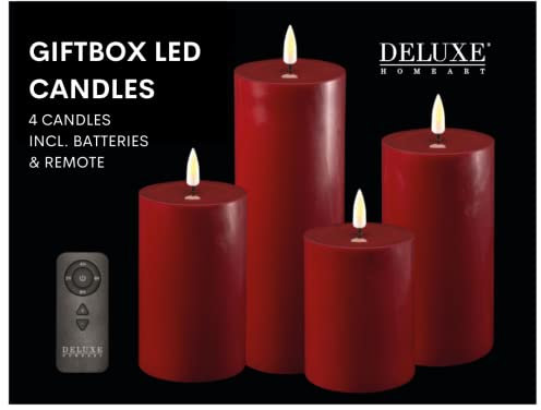 Deluxe Homeart Flammenlose LED-Geschenkbox für den Innenbereich, 4er-Set mit Fernbedienung und Batterien, Real Flame™️ Technologie, batteriebetriebene Kerzen (Bordeauxrot)