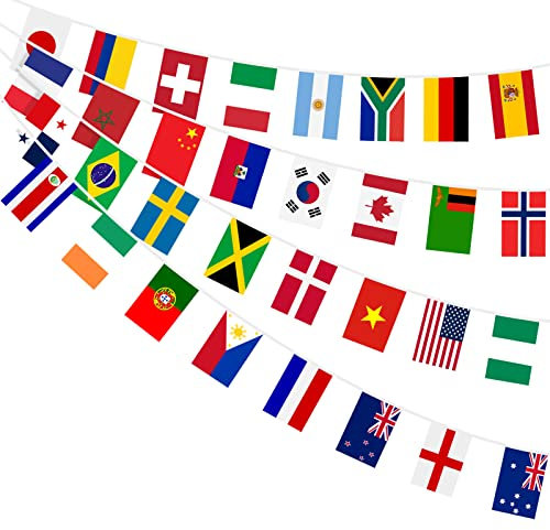 AhfuLife 32 Drapeaux Europe pour Decoration Coupe du Monde Féminine 2025, 1Pcs Drapeaux du Monde Guirlande de Fanions pour Decoration Football Féminine Événements sportifs Jardin Bar