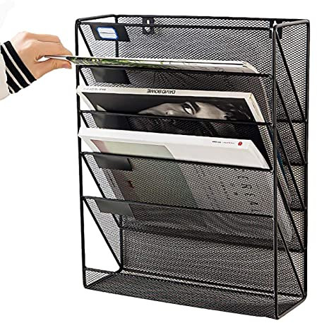 Wand-Ordner-Halter – 5 Fächer, Netz-Wand-Aktenhalter, Aktenregal, Wand-Organizer für Aktenbücher, A4-Papiere, Schwarz