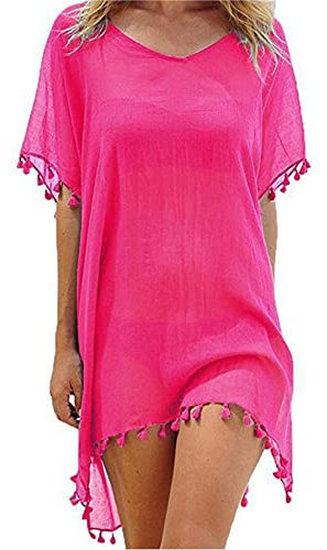 Edhomenn Women Chiffon Beachwear Tassel Bikini Cover Up Short Beach Dress Solid See-Through Swimsuit Summer Casual Swimwear (Pink, One Size)