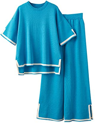 TURWXGSO Zweiteiliges Strick-Set für Damen, lässig, kurzärmelig, Pullover, Tops, weites Bein, Hose, Pullover-Set, lockere Passform, Trainingsanzug, Homewear, trendige, elegante Hosen, 01 blau, One