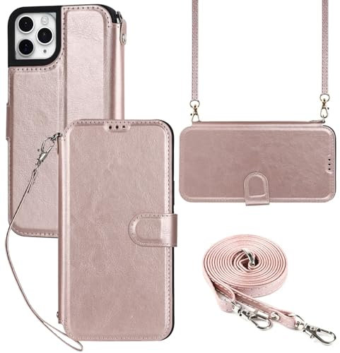ELTEKER Cover Compatibile con iPhone 11 Pro Custodia a libro Portafoglio, Cover con Cordino Tracolla Chiusura Magnetica Custodia in Pelle per iPhone 11 Pro - Oro Rosa