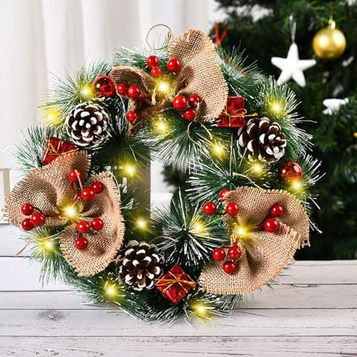 Türkranz Weihnachten Beleuchtet 30cm, Weihnachtstürkranz mit Beleuchtung, Weihnachts Türkranz Weihnachtskranz Haustür Deko Künstlich, Christmas Wreath Türdeko (Flachs C, mit Beleuchtung Timing)