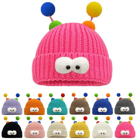 Monster-Tentakel-Mütze, Süße und Lustige Strickmütze, Niedliche Winter-Cartoon-Monster-Wollmütze mit Großen Augen (Red,OneSize)