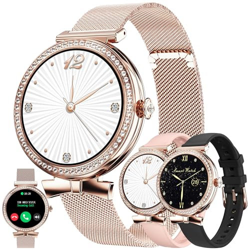 ZPIMY Montre connectée Femme avec Appel Bluetooth, 1,2 Acier Smartwatch avec Diamant, 100+ Modes Sportifs, SpO2, Sommeil, Fréquence Cardiaque, Smart Watch, Tracker d'activité pour iOS Android (Or)