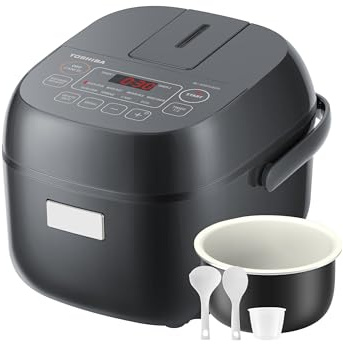 TOSHIBA Arrocera pequeña de 3 tazas sin cocinar, visualización LCD con 8 funciones de cocción: arroz, avena, frijoles mezclados y más, olla interior antiadherente, gris