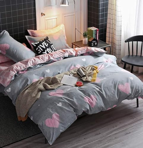 Michorinee Double Duvet Cover Set Kids Girls Grey Pink Heart Bedding Double Bed Set 3pcs Reversible Microfiber Quilt Cover 200x200 cm with 2 Pillow cases 50x75 cm