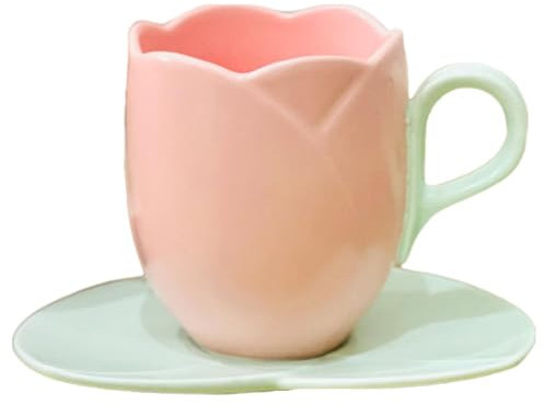 Taza de café de cerámica con platillos, diseño de tulipanes, flores 3D, té con leche, linda taza hecha a mano con asa cómoda para la oficina en casa (rosa 280 ml)