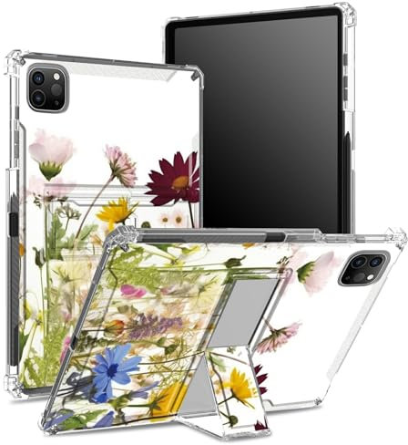 Schutzhülle für iPad Pro 11 Zoll 4. / 3. / 2. / 1. Generation 2022/2021/2020/2018 mit Stifthalter, transparente Rückseite mit wilden Forals, stoßfeste Eckabdeckung mit Ständer