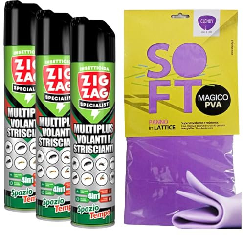 Kit Insetticida: 3x Zig Zag Insetticida Spray MULTINSETTO VOLANTI E STRISCIANTI, Spazio Tempo. Formula Senz'Acqua, Non Bagna e Non Macchia 600ml + Panno SOFT In Lattice 30x30