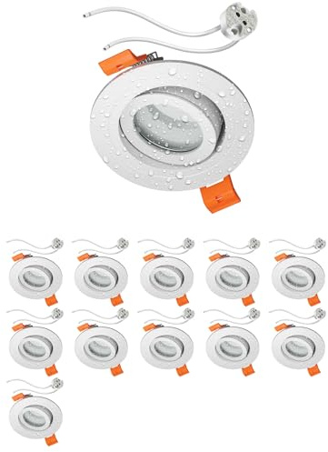 ledscom.de 12x Bad-Deckeneinbaurahmen ERID, Feuchtraum, Badezimmer, IP44, rund, schwenkbar, weiß matt inkl. GU5.3 Fassung