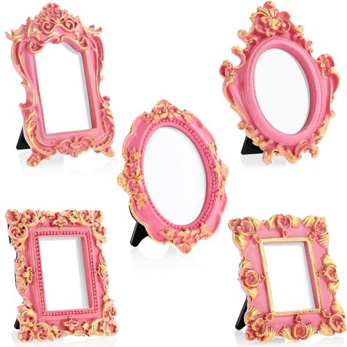 Maitys Mini-Bilderrahmen im Vintage-Stil, klein, antikes Foto, Barock, kunstvoller Kunstharz, ovaler Rahmen, Tischdekoration, Heimdekoration, Hochzeitsdekoration (Roségold), 5 Stück