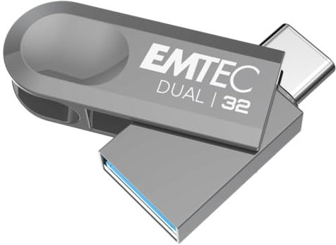 EMTEC - Clé USB 3.2 USB-A Type-C Dual D280 ECMMD32GD283 - Flash Drive Compatibilité Universelle USB 3.2 - Lecture 80Mo/s, Écriture 20Mo/s, Eco Design, 32Go/GB