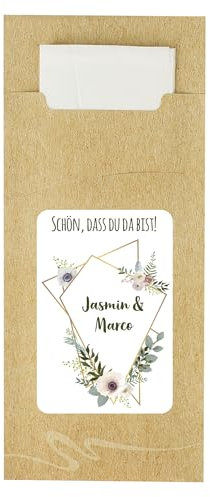Herz & Heim® Bestecktaschen mit Servietten zur Hochzeit (10 Stück) personalisiert (geometrische Formen)