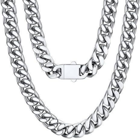 U7 Männer Miami Panzerkette Edelstahl Halskette Herren Kette 12mm Silber Herren Halskette Schicke Gliederkette Silber Miami Kubanisch Kette Edelstahlkette Herren Halsreif Halsschmuck für Weihnachten