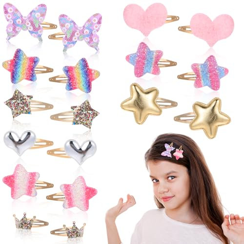 Nogeqi 16 unidades brillantes para el pelo para niñas, estrella, corona dulce, pinzas para el pelo para niños, diseño de corazón y mariposa, pinzas para el pelo para niñas, pinzas de pelo de metal,