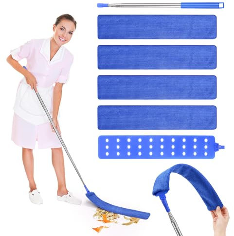Bixury Ausziehbares Staubreinigungsartefakt Retractable Gap Dust Cleaner Staubwedel Flach Dust Cleaner mit Edelstahl Teleskop Stange und 4 Abwaschbaren Tüchern für Unter Sofa Schränke Bett(Blau)