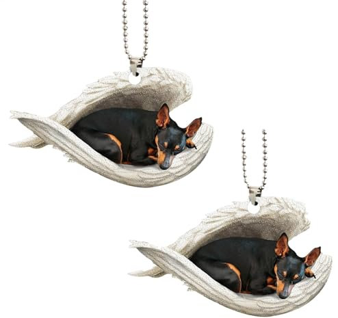 2 Stück Entenjagd Ornament - ​​Anhänger schlafender Hund - Zwergpinscher Schlafend in Engelsflügeln, Lustiger Wasservögel Jagd 2D Acryl Autorückspiegel Weihnachtsbaum Aufhängen Anhänger Dekoration