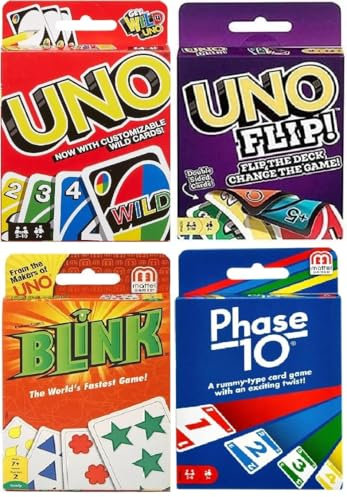 Mattel Uno, Flip, Blink und Phase 10 Kartenspiel, Combo Pack of 4