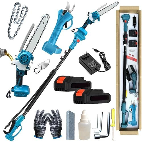4-in-1 Pole Saw & Pruning Shears, Mini Chainsaw with Oiler, with 2 Batteries, Replacement Chains & Extension Pole, for Wood Cutting Trees Trimming Branch Pruning