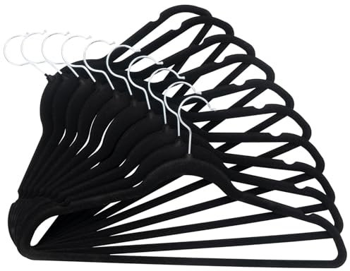 Kleiderbügel Samt, 50 Stück Set, Bügel, rutschfest, mit 360° drehbarer Haken, 45cm lang, 0,6 cm dick, Platzsparend, für Mäntel, Hemden und Anzüge, Schwarz