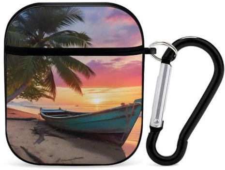 Beach Boat Sunset Earphone Case PC Bluetooth Headphone Case Compatible with Airpods 1/Airpods 2 Black-style