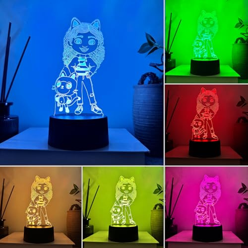 Veilleuse Enfant Gabby Chat, 3D LED Lampe de Chevet Enfant, Décoration Anniversaire Gaby Chat, Anniversaire Surprise Cadeau Fille