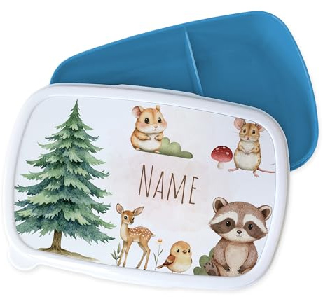 GRAZDesign Personalisierte Brotdose für Kinder mit Namen - Tiermotive, Blau/Pink, Mit Trennwand - Ideal für Schule & Kindergarten - Waldtiere