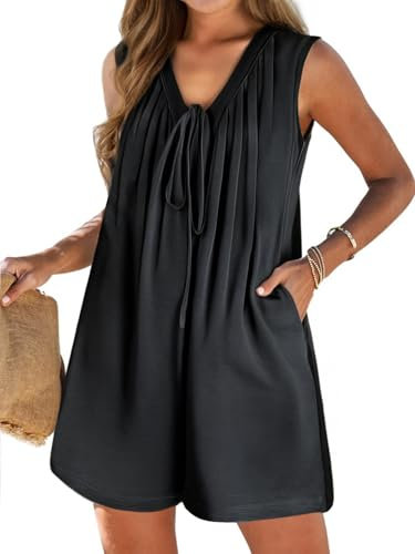 HAWILAND Womens Shorts Jumpsuits Summer Romper Black Sleeveless V Neck Loose Casual Playsuit with Pockets