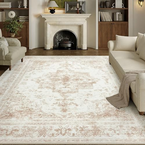 HUGEAR Vintage Beige Waschbarer Teppich Wohnzimmer 180x270cm Retro Rugs for Living Room Weich rutschfest Groß Tepich Kurzflor Schlafzimmer Carpet Living Room Bedroom Esszimmer Teppiche Büro