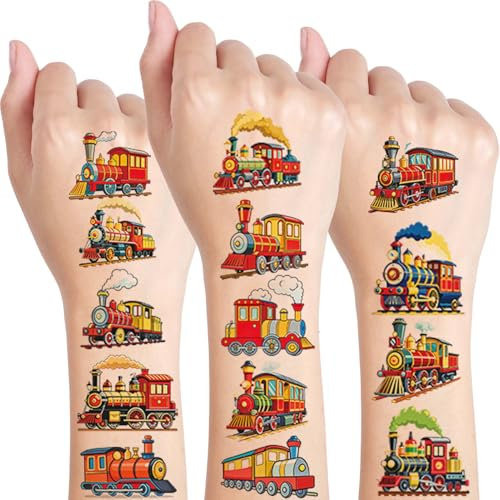 Qpout 10 Blatt Zug temporäre Tattoos für Kinder Geburtstagsfeier Zubehör, Dampfeisenbahn Thema Aufkleber, Klassenzimmer Belohnungen