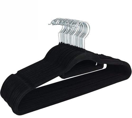 Kleiderbügel Samt 50er Set – Samtbügel schwarz - rutschfest mit Kunststoffkern, Hosensteg, Kerben & 360° Haken für Anzüge, Hemden & Jacken!