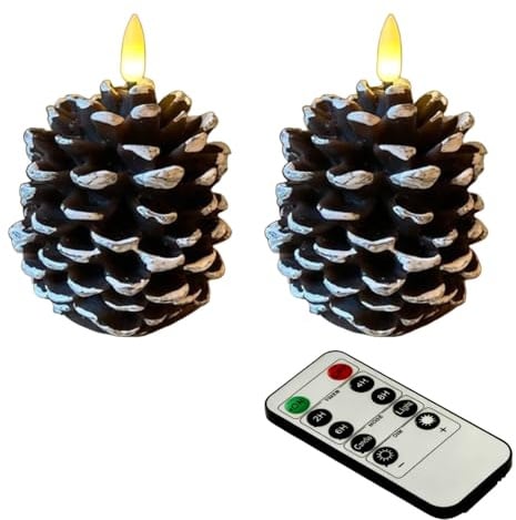 Eznaobo Flameless Candles with Timer, 2 Pcs Paraffin Christmas Candles, Battery Operated Flickering Wick Real Wax Pine Cone Candles for Holiday Indoor Decoration Fireplace Decor (Silver, Small)