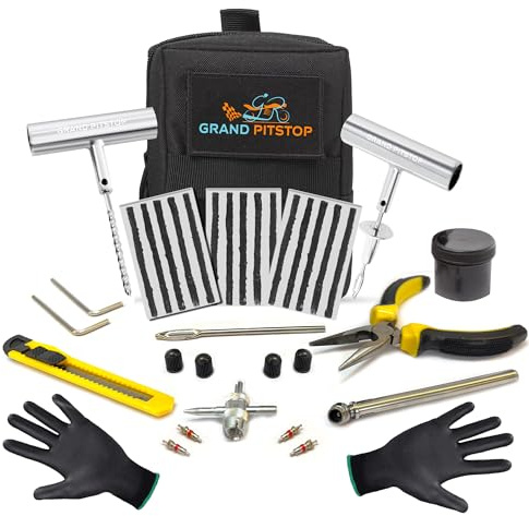 GRAND PITSTOP Compact Tire Repair kit with Molle Storage Pouch. Heavy Duty Universal Tire Plug Kit, Easily Stores Inside Your UTV, ATV, Truck, Motorcycle