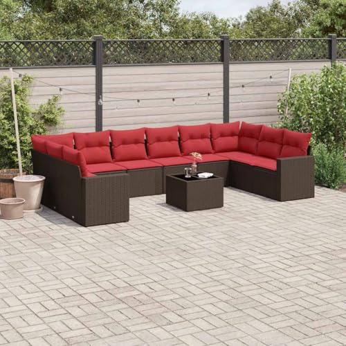 QJBSAVVA 11-TLG. Polyrattan Ecksofa-Set Braun 62x62x69 cm mit Hocker, Couchtisch, roten Kissen, Balkon-Terrassen-Garten