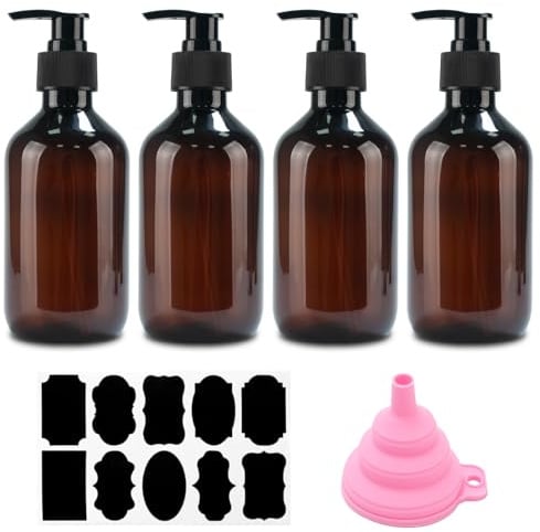 4 Pcs 300ml Soap Dispensers, Empty Refillable Pump Dispenser Bottles, Pump Bottle Dispensers, Shampoo and Conditioner Dispenser Bottles for Kitchen Bathroom Wash Liquids + Funnel & Label(tea color)