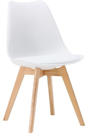 Homestyle4u Scandi Esszimmerstuhl Weiß - Kunststoff Küchenstuhl mit Holz | Moderner Schalenstuhl mit ergonomischer Sitzschale und stabilen Echtholzbeinen - Pflegeleichtes Design für Küche & Wohnzimmer