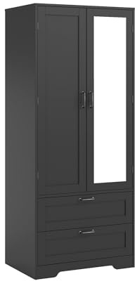 Gdchanyiyi Mirrored Wardrobe with 2 Doors and 2 Drawers, Wardrobes for Bedroom with Hanging Rail Wooden Storage Cabinet Cupboard (Black with Mirror)