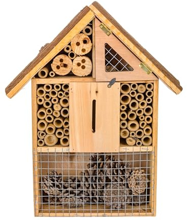 XXL Insektenhotel aus Naturholz – Großes Insektenhaus mit Rindendach – Nisthilfe für Wildbienen, Marienkäfer & Schmetterlinge – Bienenhotel mit Tannenzapfen & Bambusröhrchen für Garten & Balkon