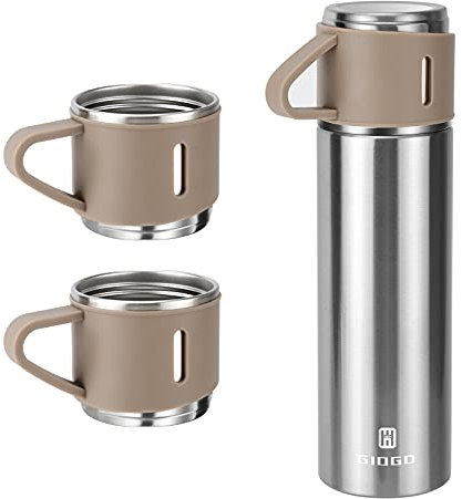 Bouteille isotherme sous vide en acier inoxydable avec tasse pour café, eau, boissons chaudes et froides, 500 ml (marron, ensemble)