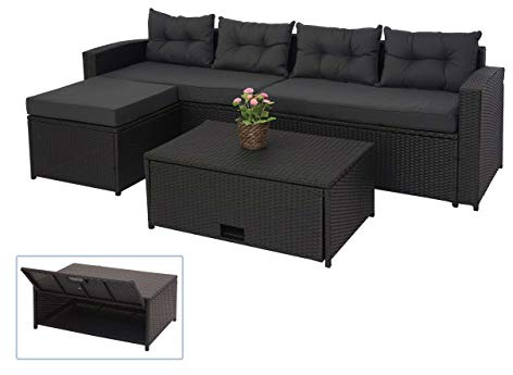 Mendler Poly-Rattan Garnitur HWC-J34 Staufach - schwarz, Kissen dunkelgrau | Balkon-/Garten-/Lounge-Set, Sitzgruppe, Sofa