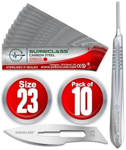 Surgical Scalpel Surgical Blades # 23 Carbon Steel Sterile Pack of 10 and Handle No 4 Perfect for Wood Art, Surgical, Sculpting, Repairs, Lab Anatomy, Sign, Card Making Lab Training SURGIRD23-10