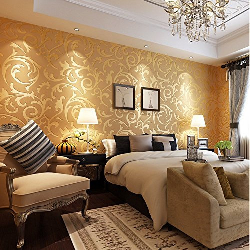 MEAIHOME Modern Victorian Damask Embossed Textured Non-Woven Material Living Room/Bedroom Non-Pasted Gold Wallpaper Roll 1.73'W x 32.8'L
