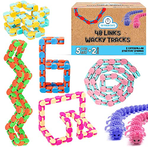 48 Links Wacky Tracks Snap and Click Toy Set - 5-Stük Wacky Tracks Schnappen und Klicken Fidget Sensorische Spielzeug für Kinder mit 2 Raupe Stretchy Strings - Anti-Stress Ketten Spielzeug Set