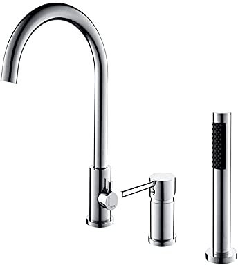 Robinet Baignoire Mitigeur 3 Trous Baignoire Unique Poignée Chaud et Froid Mitigeur Robinets de Douche pour Baignoire avec Pommeau de Douche Extractible Multifonction Gooseck-Chrome